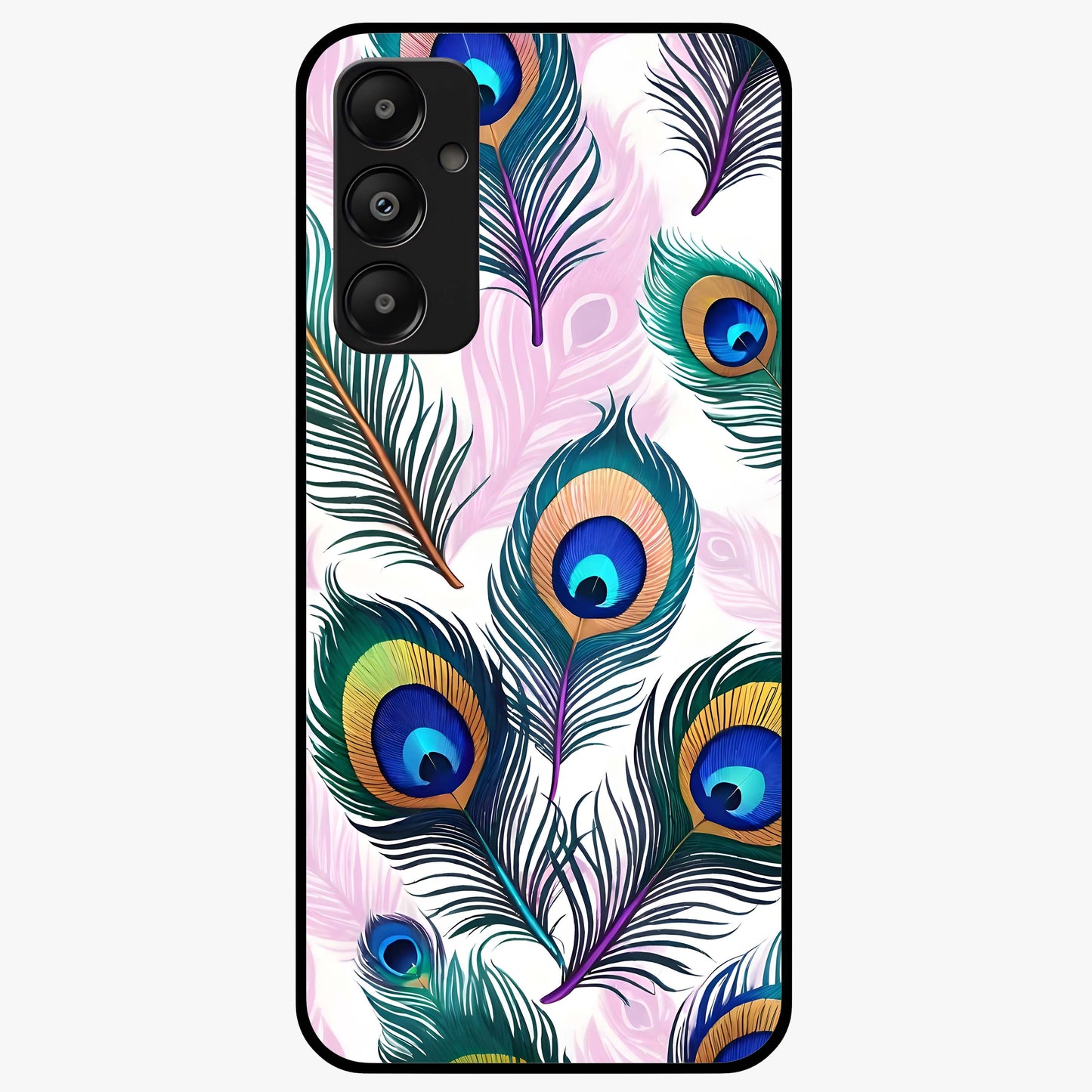 Royal Peacock Feathers Glass Case showing flat back view with colorful peacock feather artwork and glossy glass finish.