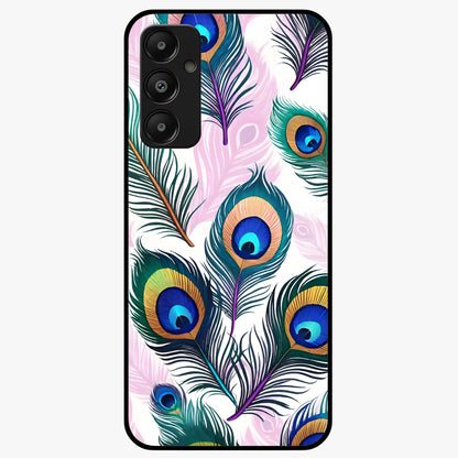 Royal Peacock Feathers Glass Case showing flat back view with colorful peacock feather artwork and glossy glass finish.
