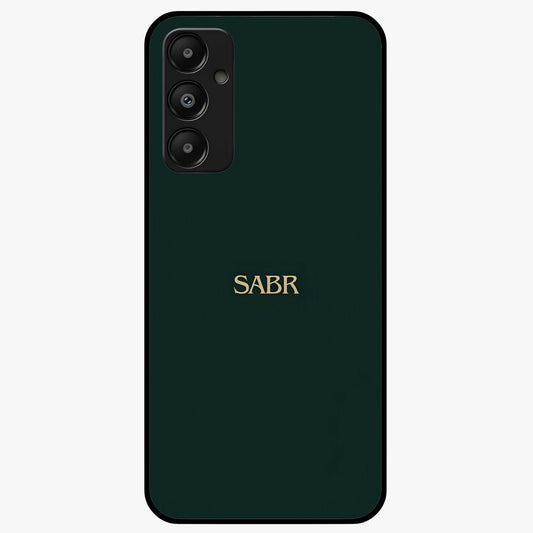 Sabr Minimal Patience Glass Case showing flat back view with minimalist typography artwork and glossy glass finish.