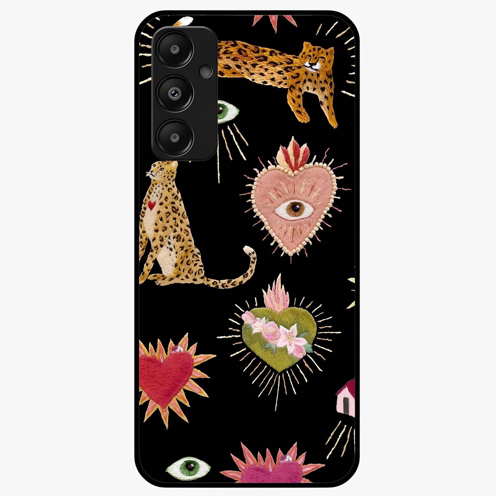 Sacred Jungle Heart Glass Case showing flat back view with jungle inspired heart artwork and glossy glass finish.