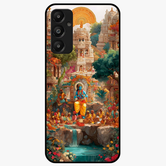 Sacred Sunlight Gods Glass Case showing flat back view with divine sunlight themed artwork and glossy glass finish.