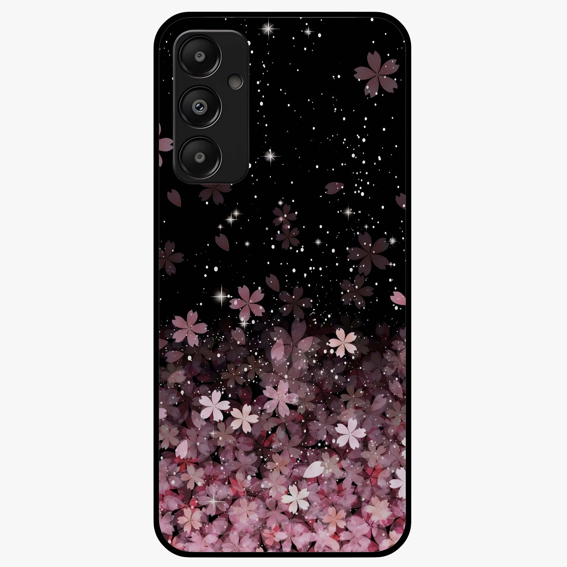 Small Starry Flowers Glass Case showing flat back view with delicate starry floral artwork and glossy glass finish.