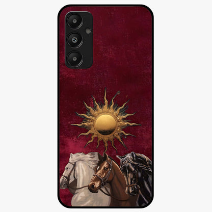 Solar Riders Glass Case showing flat back view with dynamic rider themed artwork and glossy glass finish.