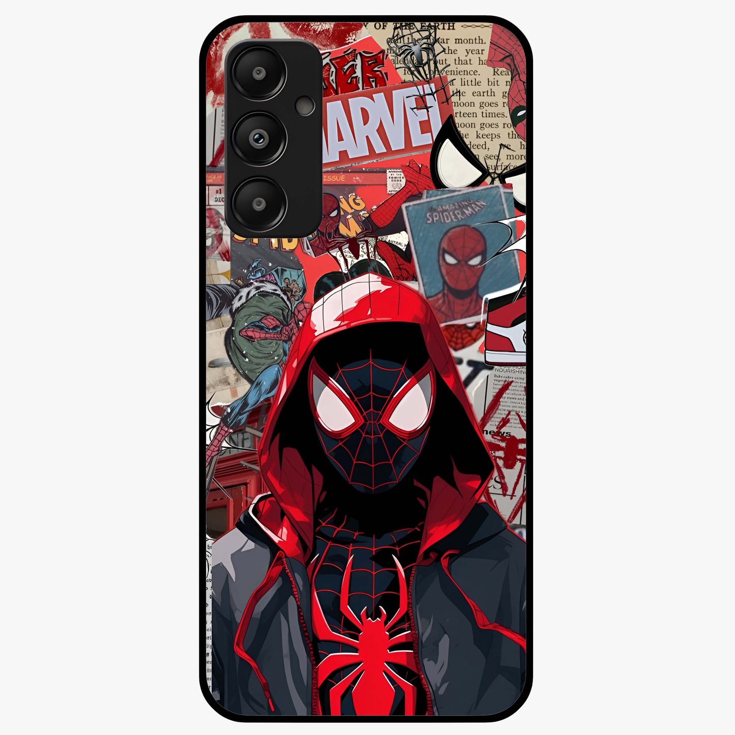 Spider Collage Street Glass Case showing flat back view with vibrant superhero collage artwork and glossy glass finish.