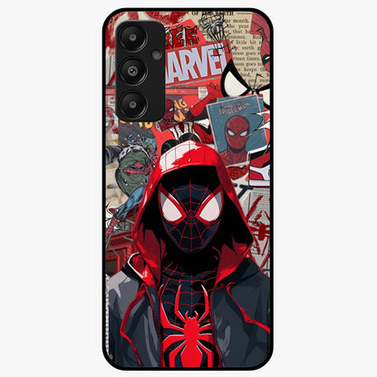 Spider Collage Street Glass Case showing flat back view with vibrant superhero collage artwork and glossy glass finish.