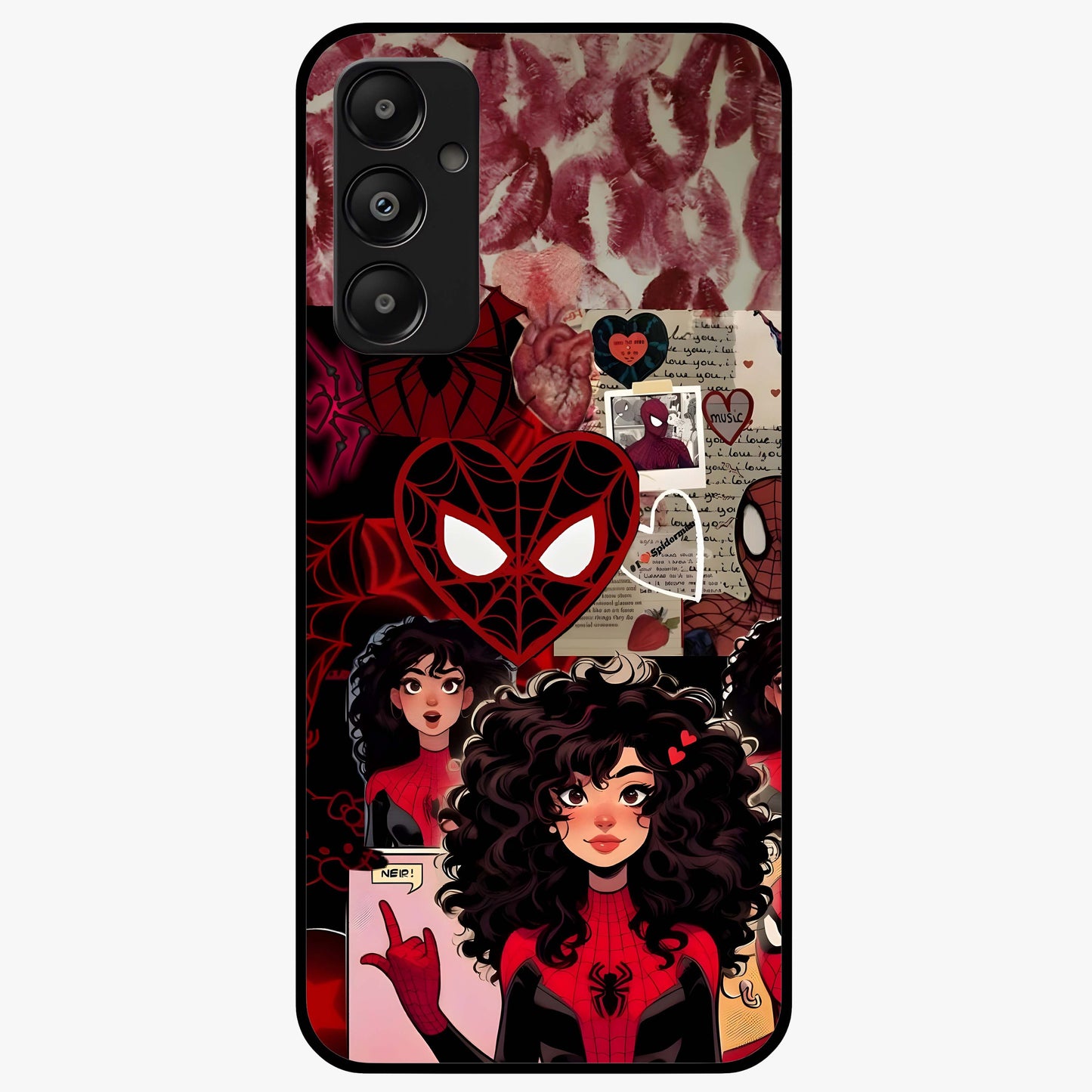 Spider Love Story Glass Case showing flat back view with romantic superhero themed artwork and glossy glass finish.