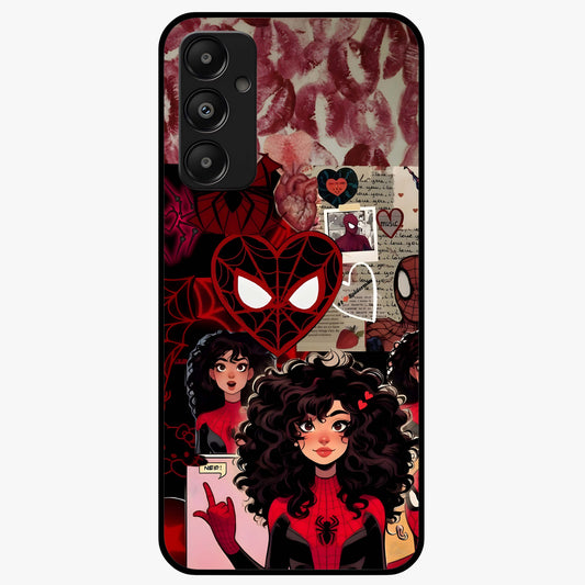 Spider Love Story Glass Case showing flat back view with romantic superhero themed artwork and glossy glass finish.
