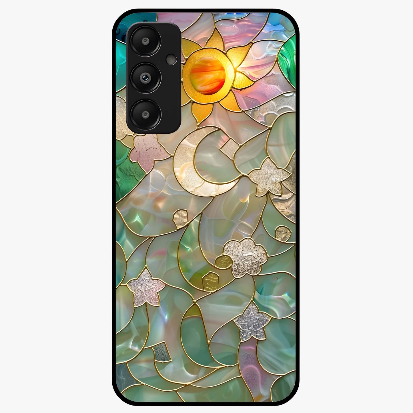 Stained Sunrise Glow Glass Case showing flat back view with glowing sunrise stained pattern artwork and glossy glass finish.