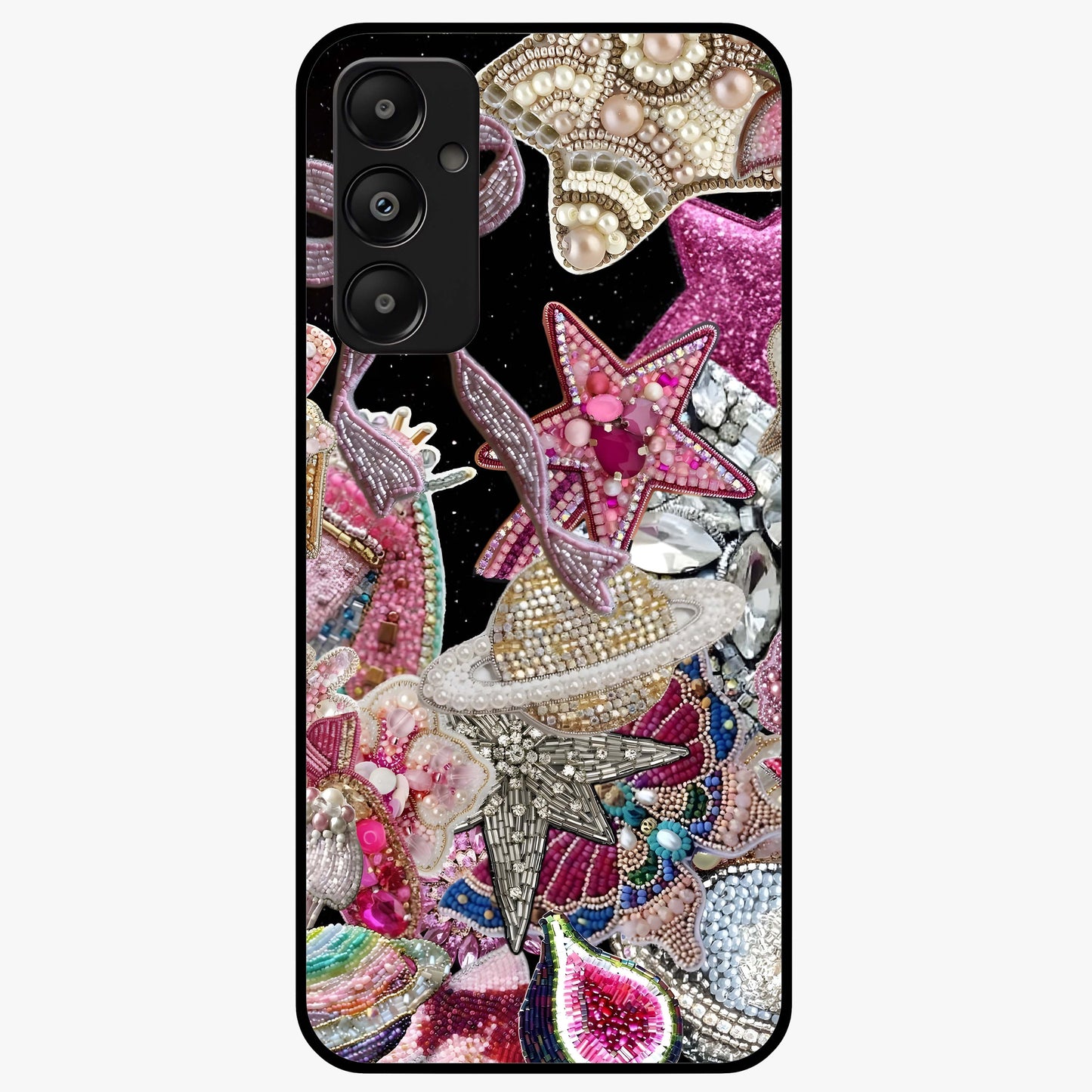 Starlit Jewel Dream Glass Case showing flat back view with sparkling jewel and star themed artwork and glossy glass finish.