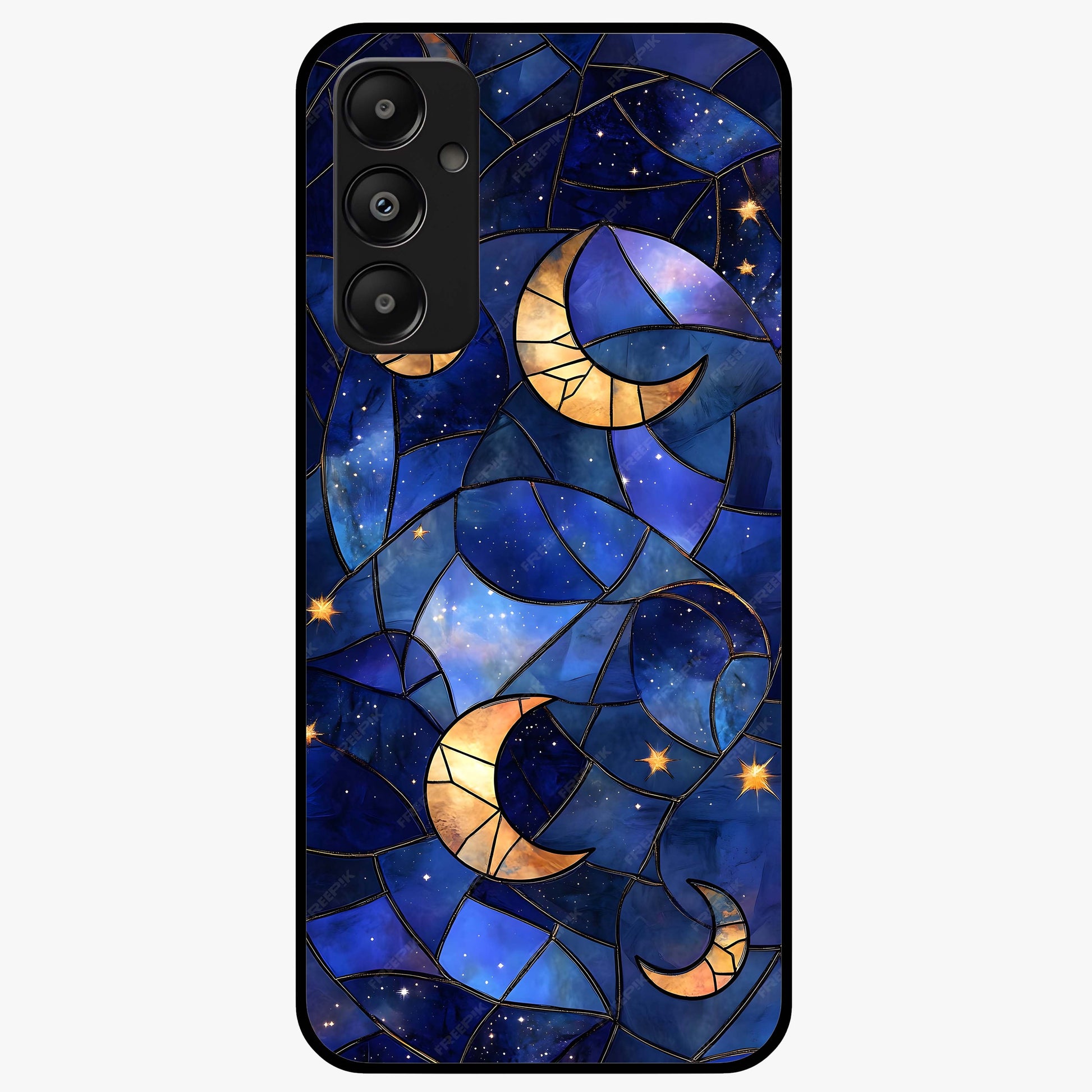 Starlit Sky Tapestry Glass Case showing flat back view with decorative starry sky tapestry artwork and glossy glass finish.