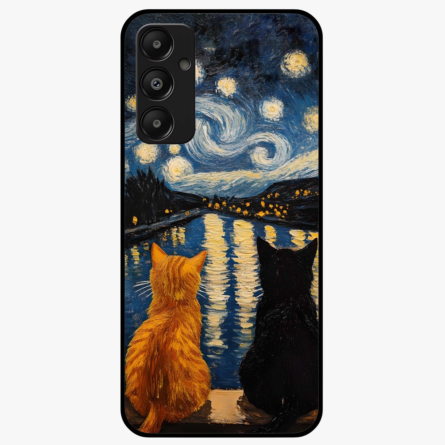 Starry River Cats Glass Case showing flat back view with cats by a starry river artwork and glossy glass finish.