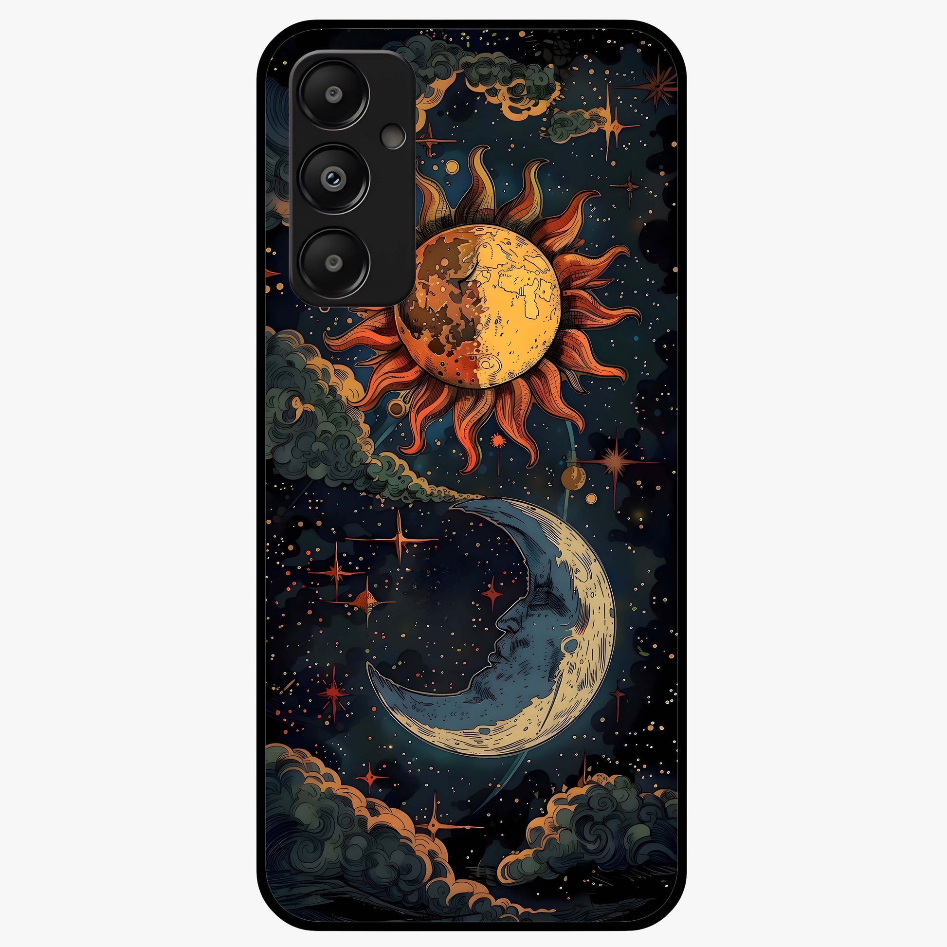 Sun And Moon Magic Design Glass Case showing flat back view with mystical sun and moon artwork and glossy glass finish.