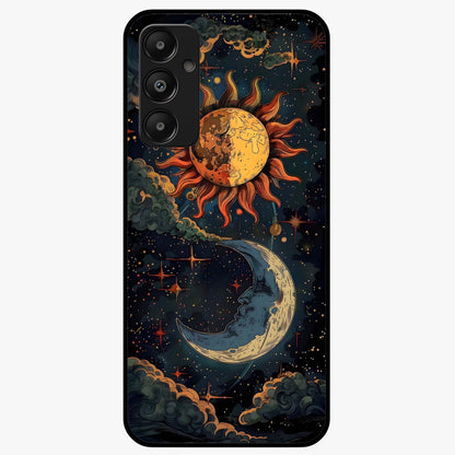 Sun And Moon Magic Design Glass Case showing flat back view with mystical sun and moon artwork and glossy glass finish.