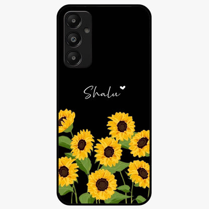 Sunflower Chic Mood Custom Name Glass Case showing flat back view with stylish sunflower artwork and personalized name design.