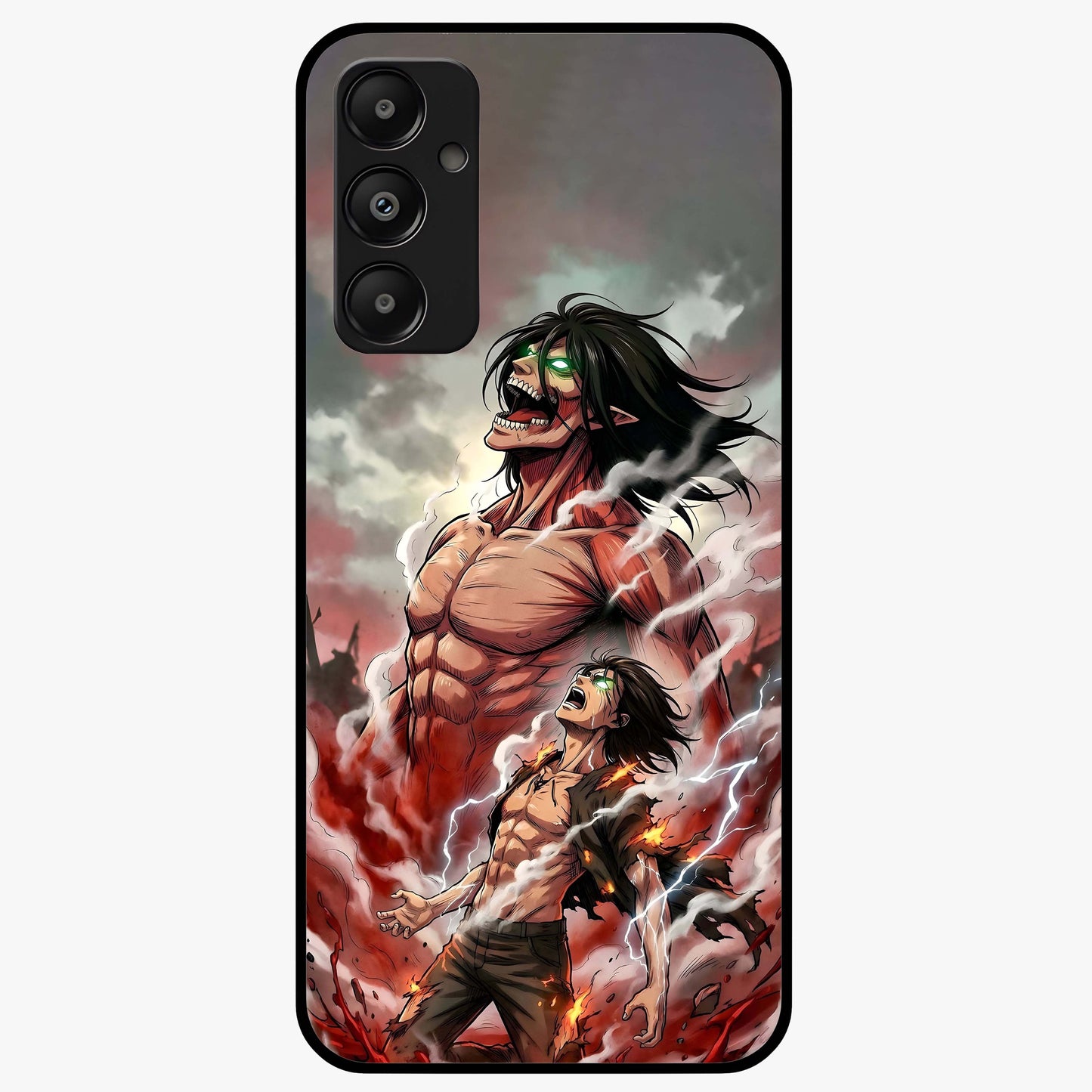 Titan Awakening Fury Glass Case showing flat back view with powerful titan inspired artwork and glossy glass finish.