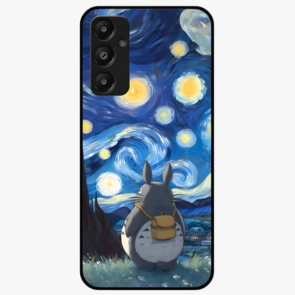 Totoro In Van Gogh Art Glass Case showing flat back view with whimsical character artwork inspired by Van Gogh style and glossy glass finish.