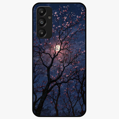 Twilight Sakura Serenade Glass Case showing flat back view with cherry blossom artwork at twilight and glossy glass finish.