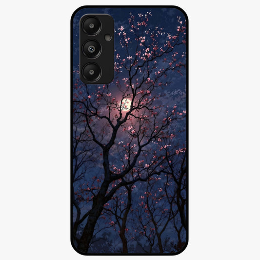 Twilight Sakura Serenade Glass Case showing flat back view with cherry blossom artwork at twilight and glossy glass finish.