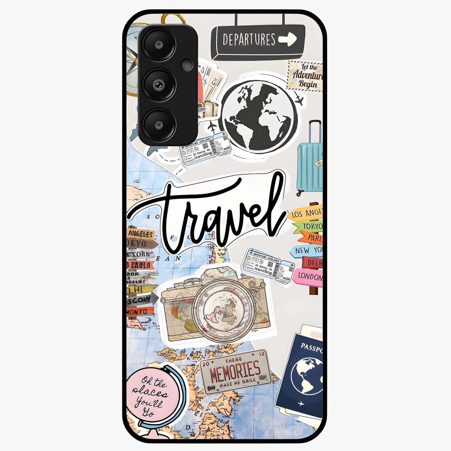 Wanderlust Journal Glass Case showing flat back view with travel inspired artwork and glossy glass finish.
