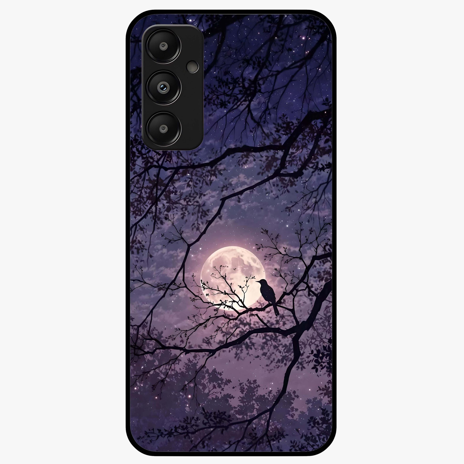 Whispering Moon Silence Glass Case showing flat back view with serene moon themed artwork and glossy glass finish.