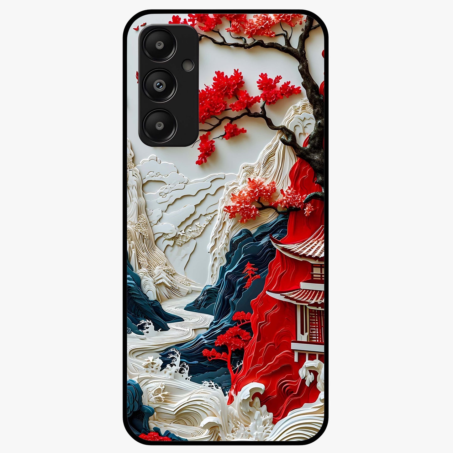 Whispers Of Sakura Waves Glass Case showing flat back view with cherry blossom wave artwork and glossy glass finish.