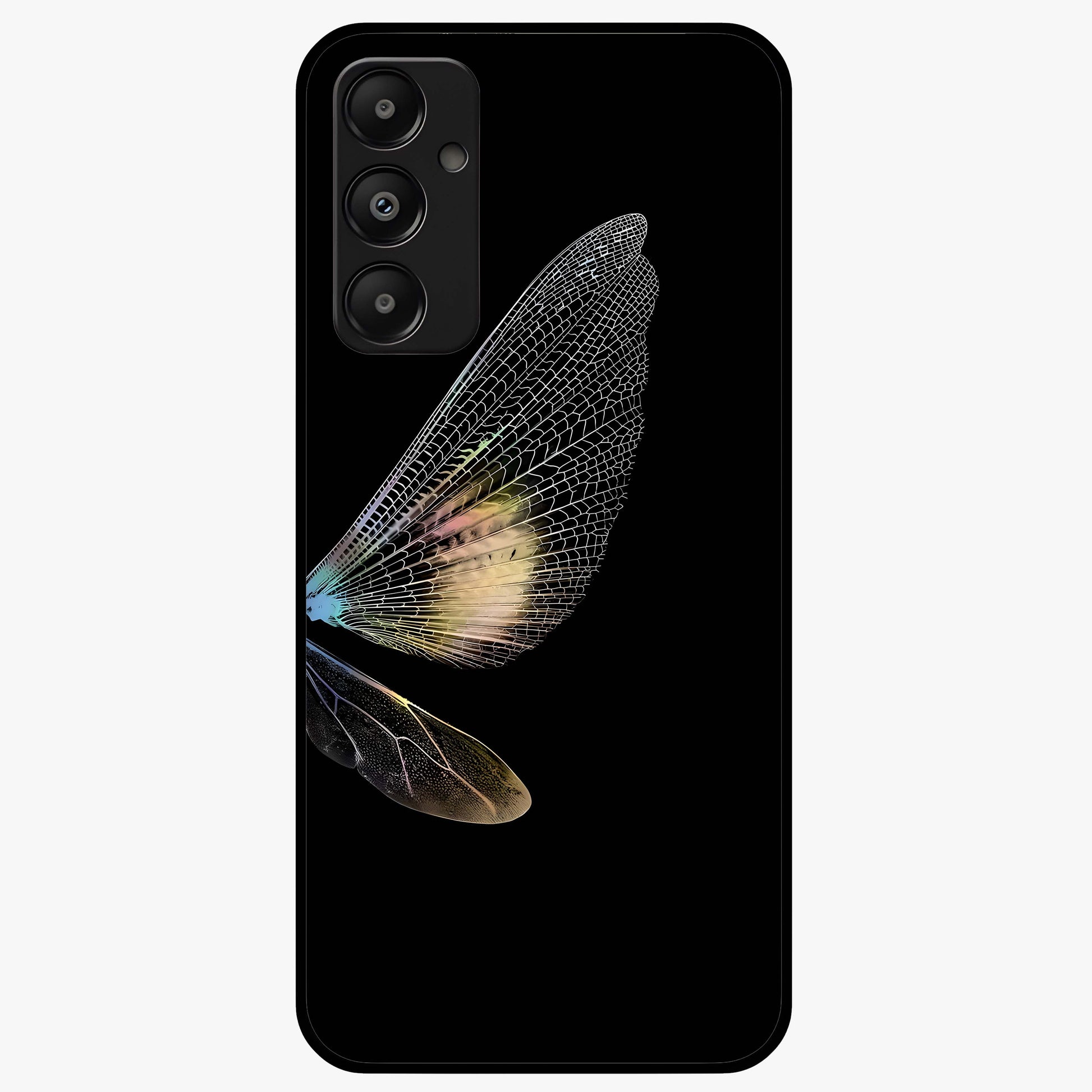 Whispers Of Wings Glass Case showing flat back view with graceful wing inspired artwork and glossy glass finish.
