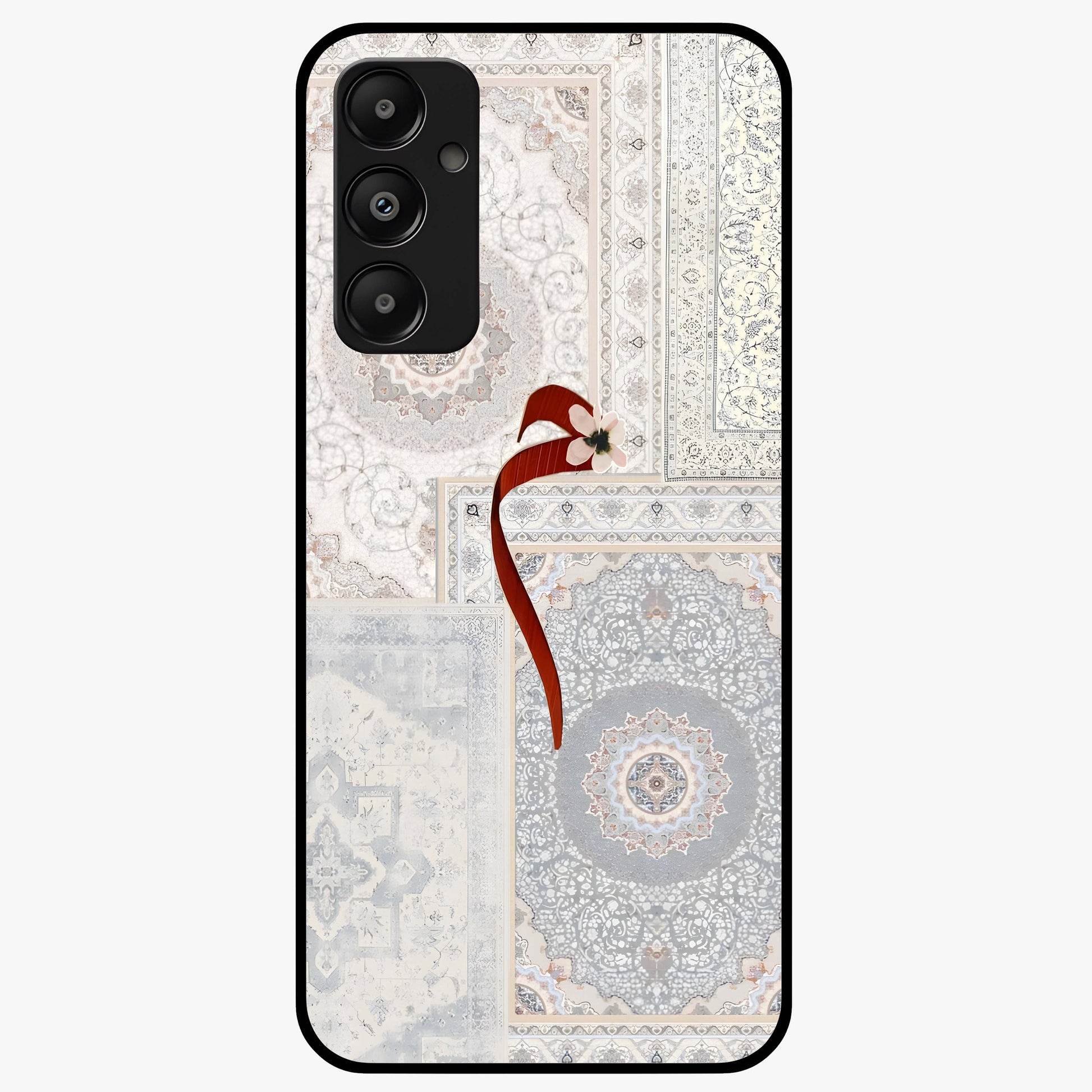 White Aesthetic Bow Glass Case showing flat back view with minimal bow artwork and glossy glass finish.