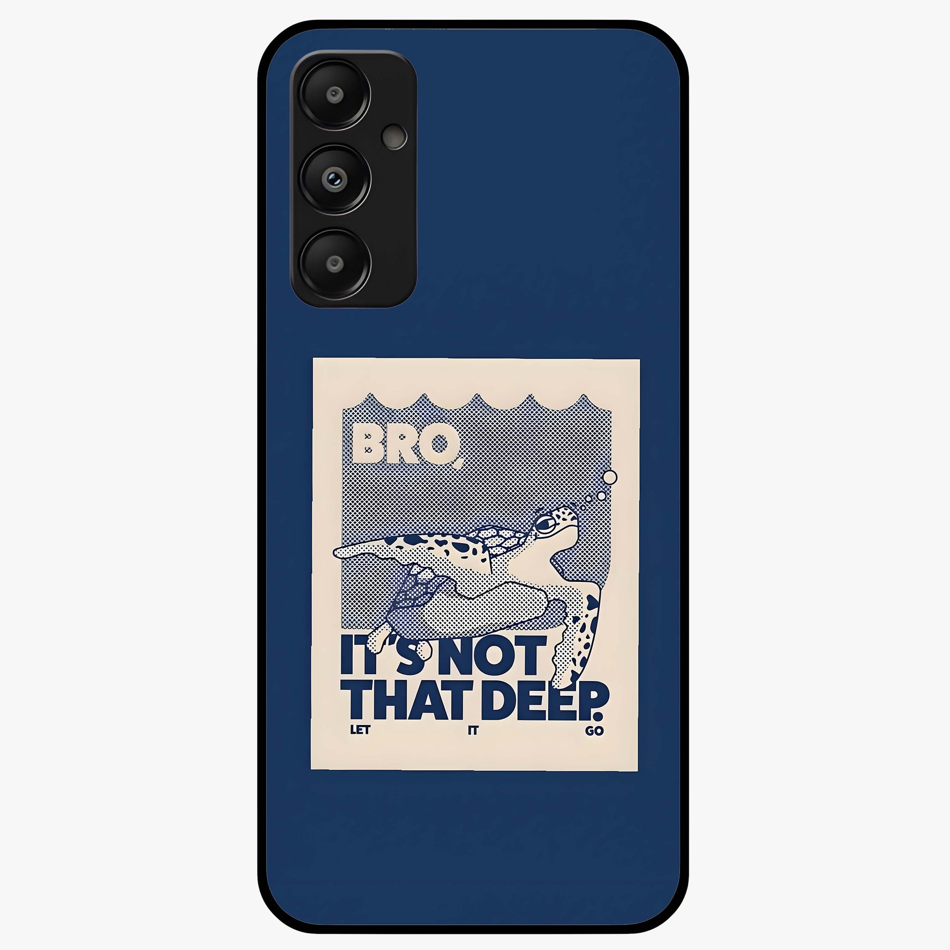 Worry Less Swim Glass Case showing flat back view with playful motivational artwork and glossy glass finish.