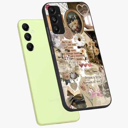 Aesthetic Brown Vintage Collage Glass Case displayed in angled mockup highlighting vintage aesthetic collage design.