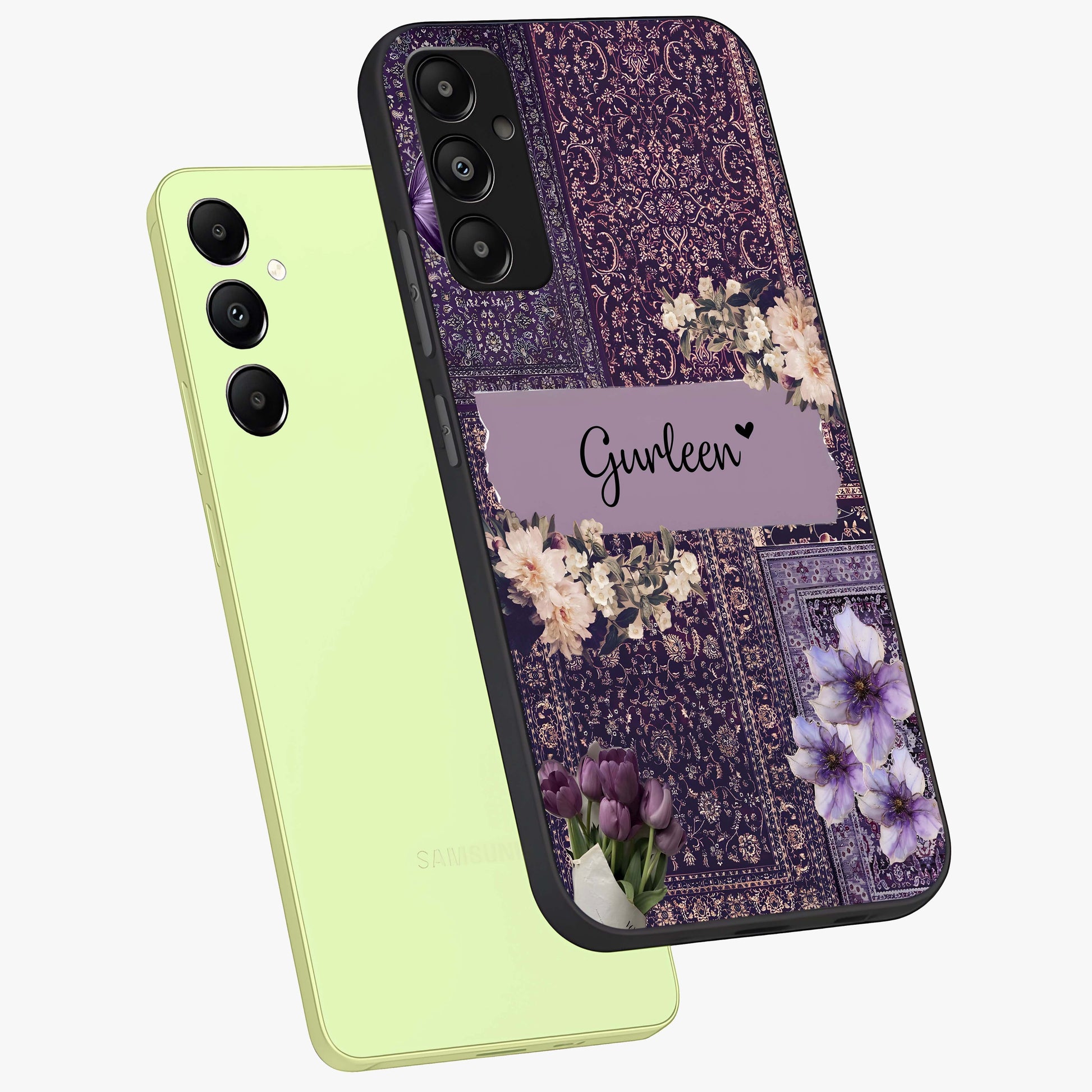 Antique Floral Whisper Custom Name Glass Case displayed in angled mockup highlighting elegant antique floral aesthetic.