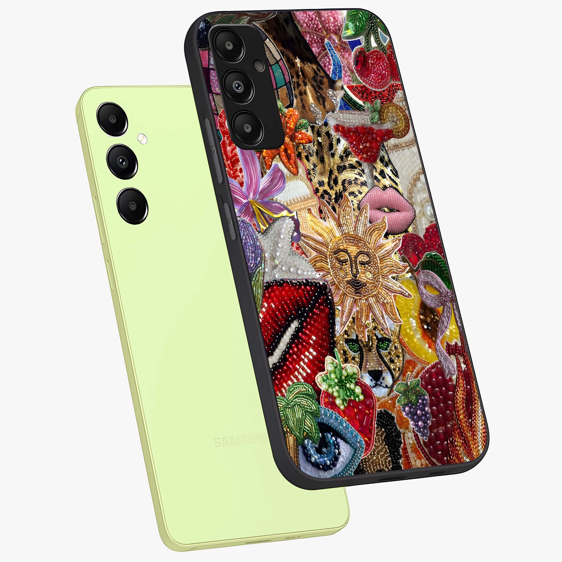 Beaded Fashion Jungle Glass Case displayed in angled mockup highlighting colorful fashion bead design and artistic pattern.
