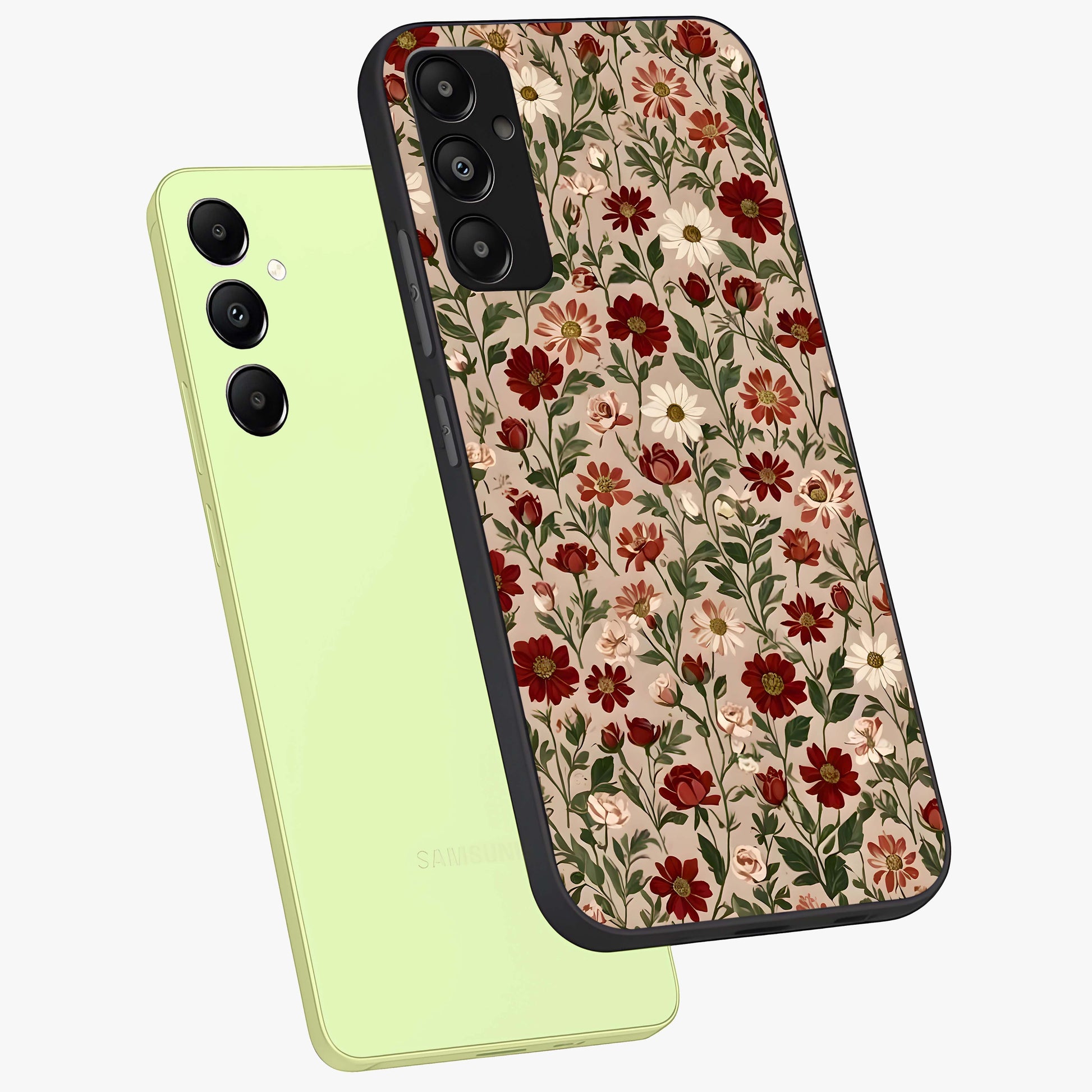 Biege Flower With Leaf Glass Case displayed in angled mockup highlighting minimal floral leaf design and elegant aesthetic.
