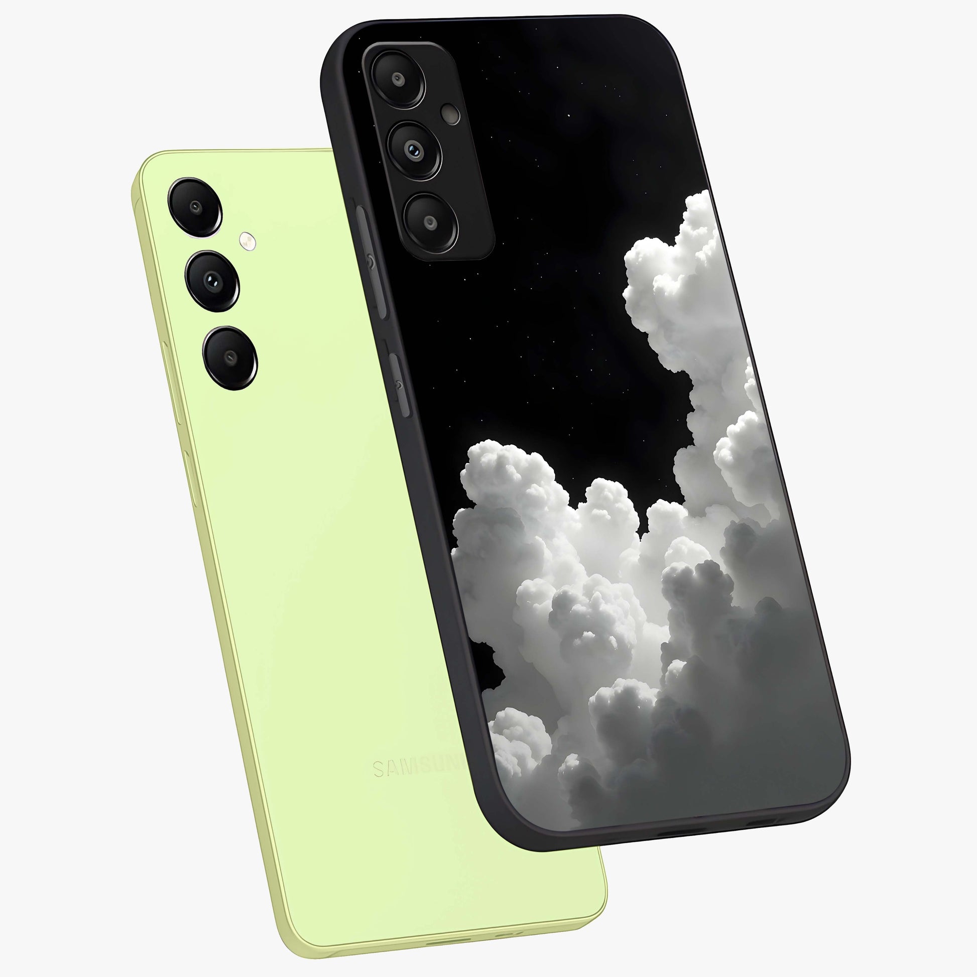 Black Background With White Cloud Glass Case displayed in angled mockup highlighting soft white cloud illustration and minimal design.