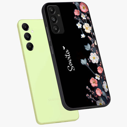 Black Elegance Floral Custom Name Glass Case displayed in angled mockup highlighting dark floral aesthetic and custom name feature.