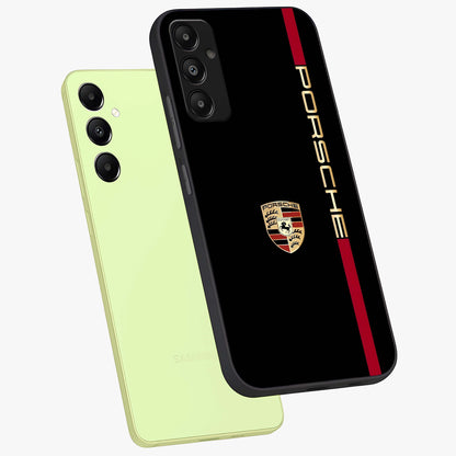 Black Minimal Porsche Glass Case displayed in angled mockup highlighting modern minimal car illustration and clean aesthetic design.