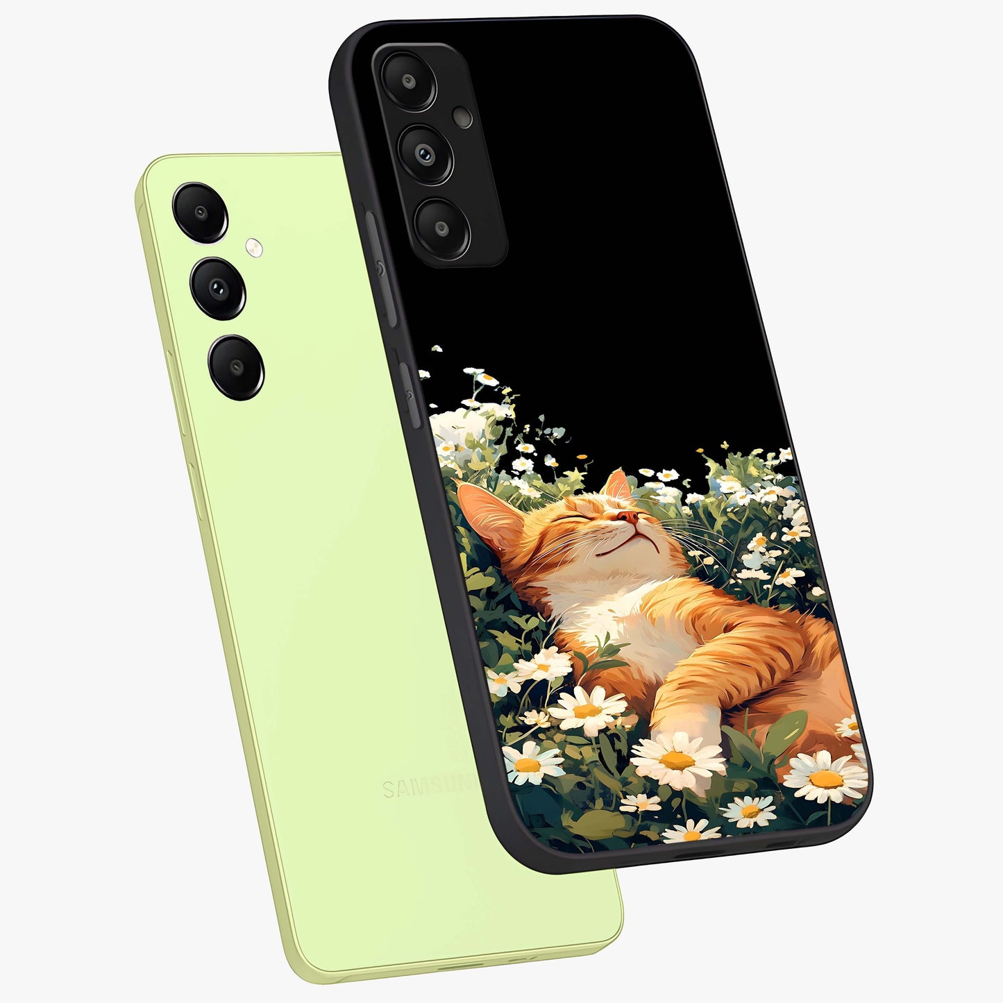 Blissful Bloom Cat Glass Case displayed in angled mockup highlighting playful feline illustration with soft floral aesthetic.