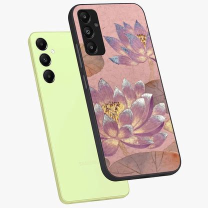 Blossom Mist Lotus Glass Case displayed in angled mockup highlighting delicate lotus illustration with calm aesthetic theme.