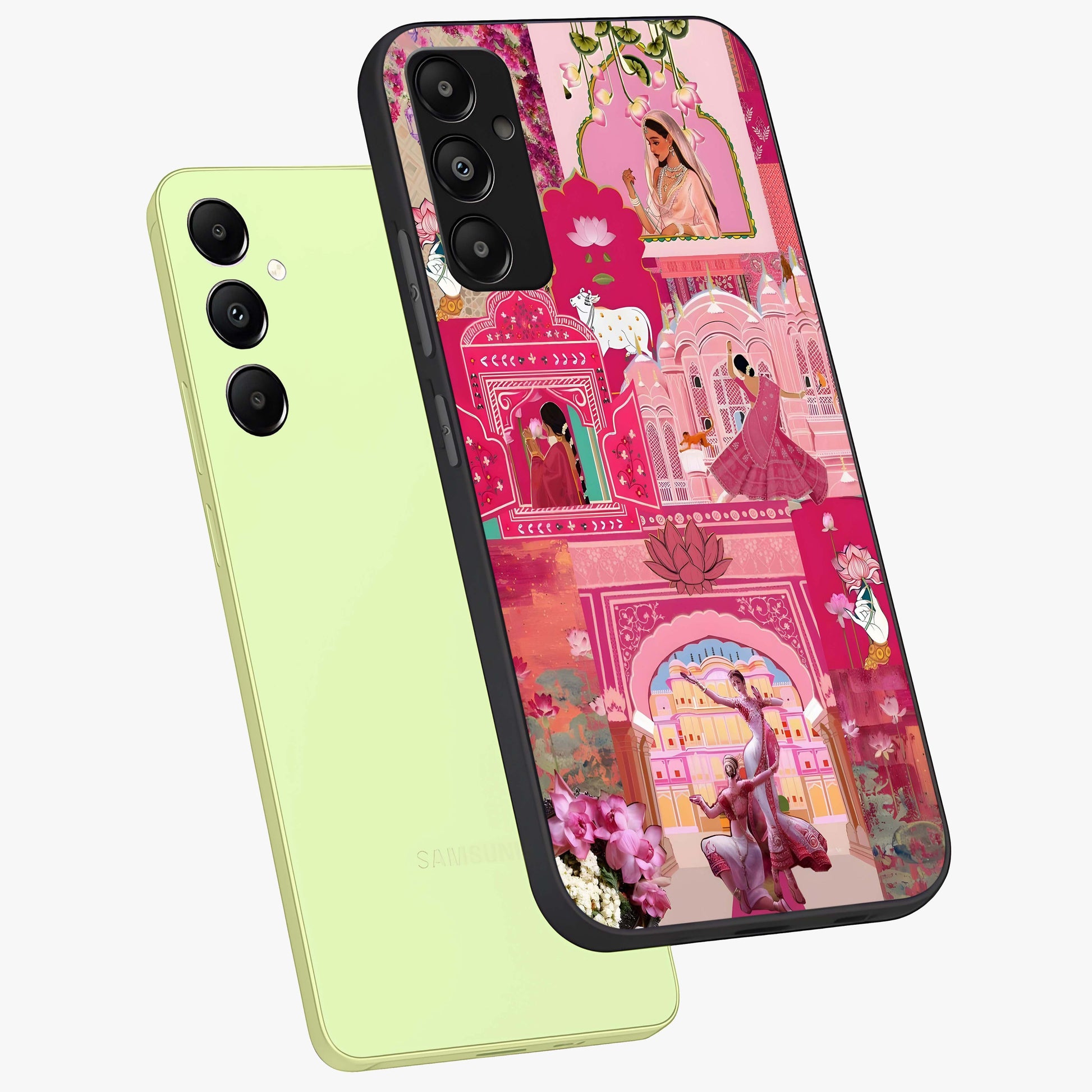 Blossoms of Rajasthan Glass Case displayed in angled mockup highlighting vibrant floral pattern with cultural aesthetic style.
