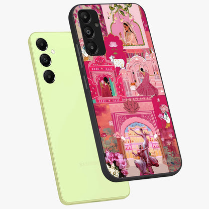 Blossoms of Rajasthan Glass Case displayed in angled mockup highlighting vibrant floral pattern with cultural aesthetic style.