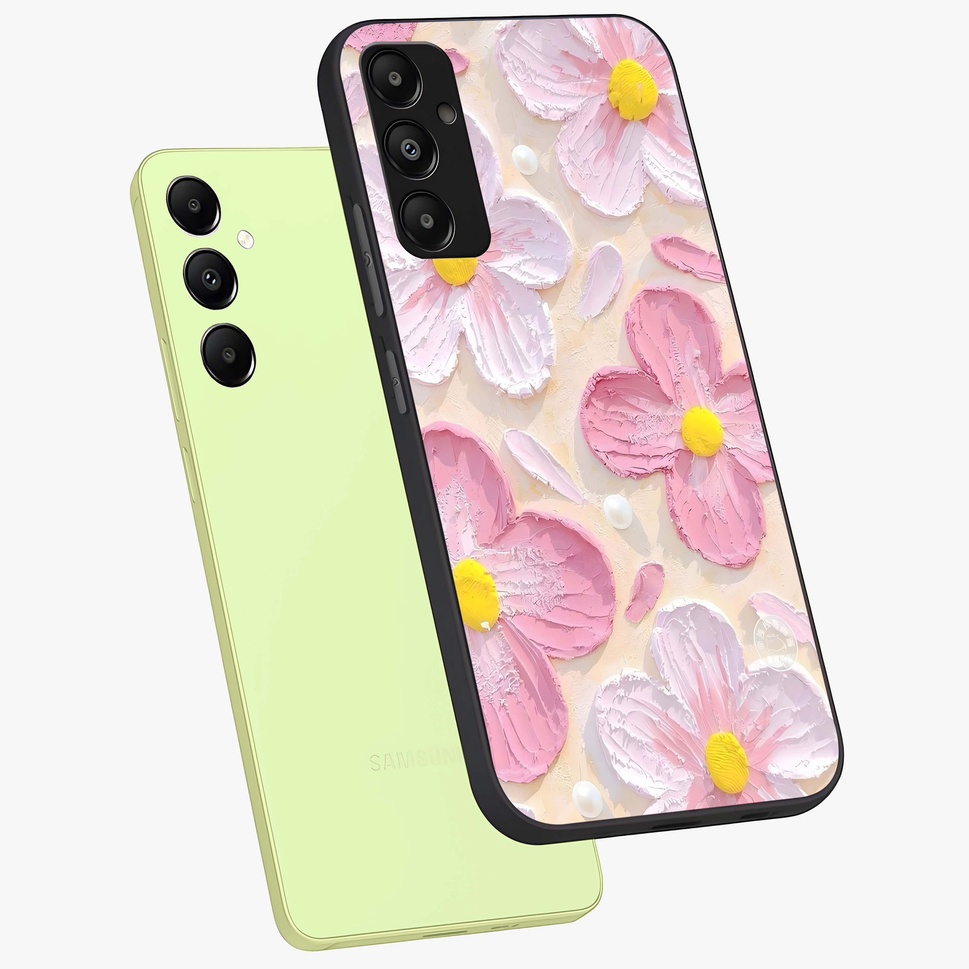 Blush Bloom Texture Glass Case displayed in angled mockup highlighting subtle bloom pattern with aesthetic pastel design.