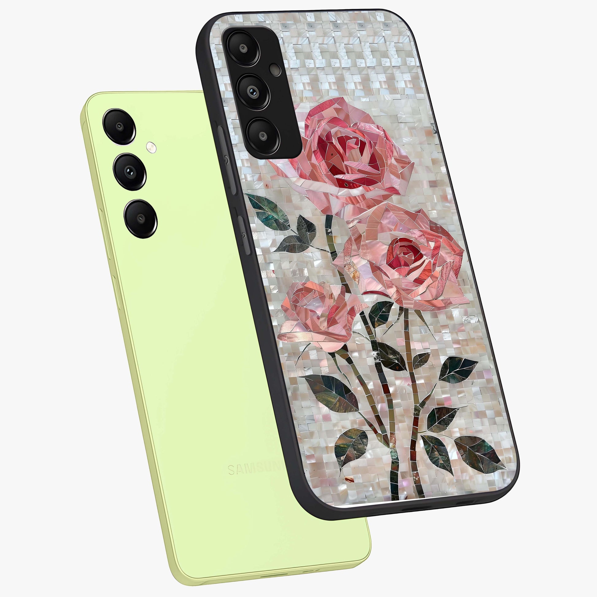 Blush Mosaic Bloom Glass Case displayed in angled mockup highlighting artistic mosaic flower pattern with aesthetic design.