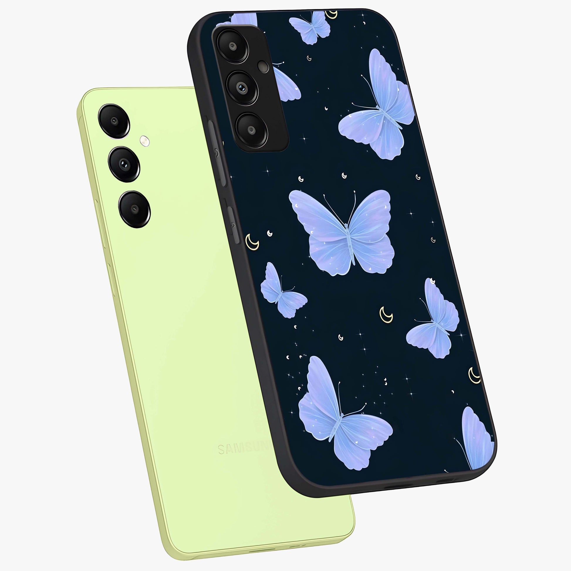 Butterfly With Stars Pattern Glass Case displayed in angled mockup highlighting dreamy butterfly and star design with aesthetic theme.
