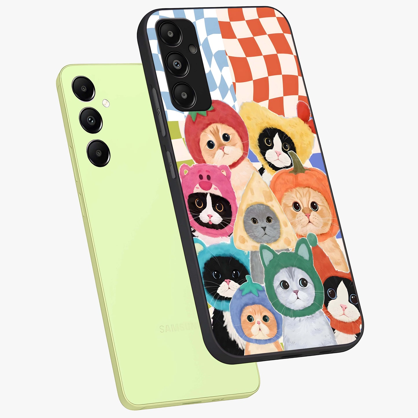 Cats in Fruits Glass Case displayed in angled mockup highlighting cute feline fruit design with colorful aesthetic style.