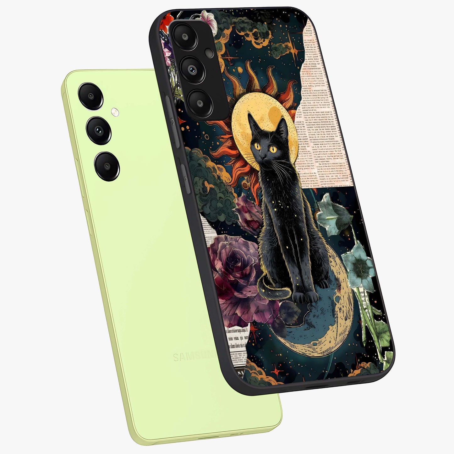 Celestial Black Cat Glass Case displayed in angled mockup highlighting cosmic black cat design with celestial aesthetic.
