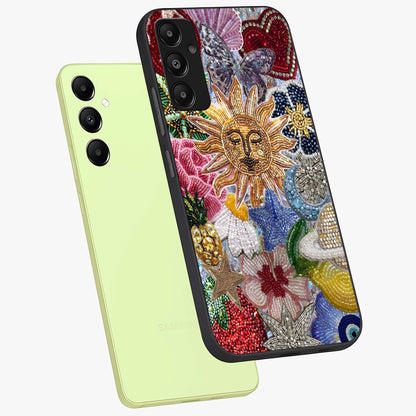 Celestial Floral and Playful Glass Case displayed in angled mockup highlighting playful floral design with dreamy celestial elements.