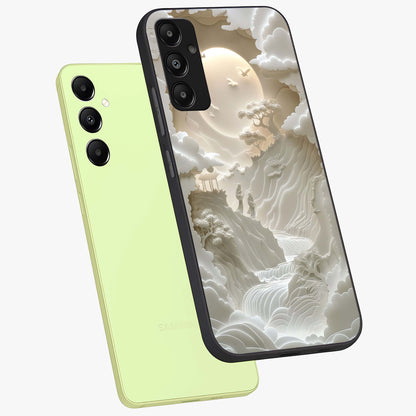 Celestial Origami Glass Case displayed in angled mockup highlighting geometric origami design with cosmic aesthetic theme.