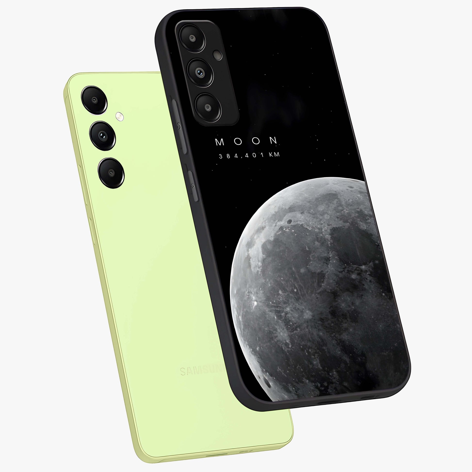 Cosmic Moon Glow Glass Case displayed in angled mockup highlighting celestial moon design with cosmic aesthetic theme.