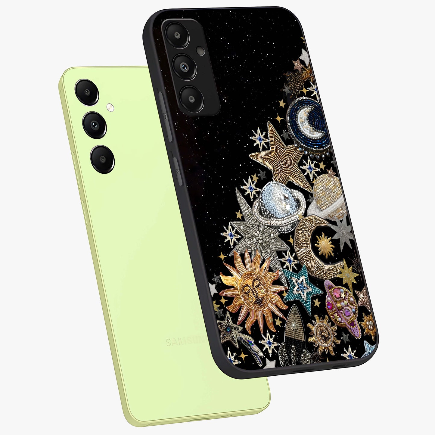Cosmic Sparkle Dreams Glass Case displayed in angled mockup highlighting dreamy star sparkle design with celestial aesthetic.