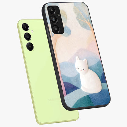 Cotton Dream Cat Glass Case displayed in angled mockup highlighting cute feline illustration with pastel aesthetic style.