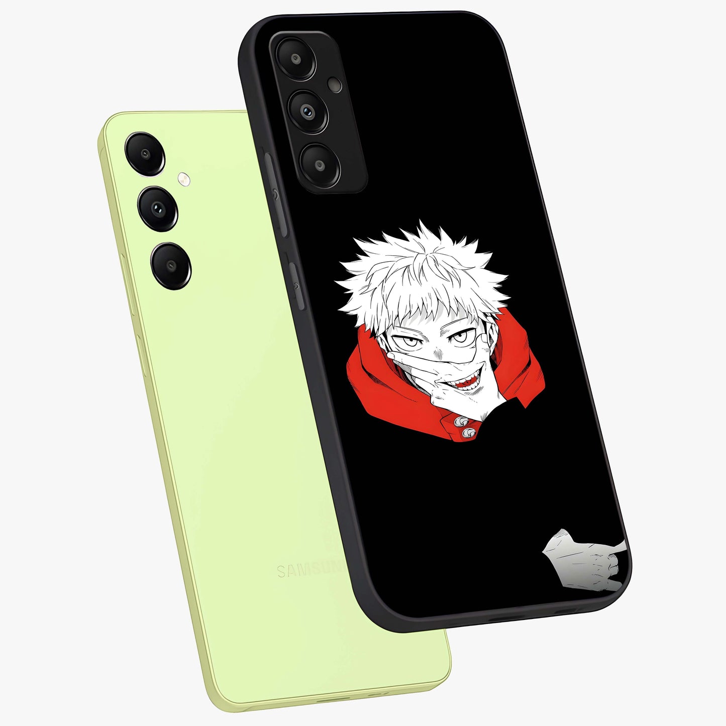 Crimson Chaos Smile Glass Case displayed in angled mockup highlighting edgy crimson smile design with graphic aesthetic.